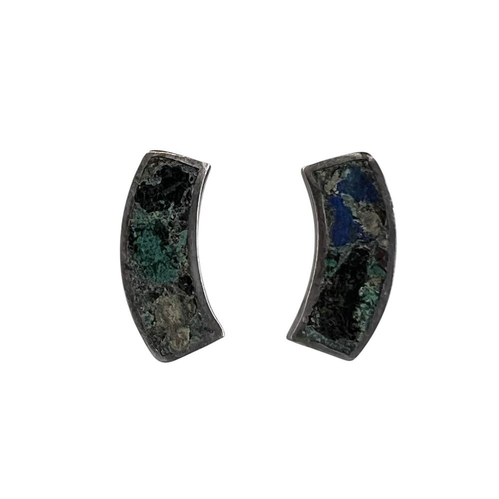 Vintage Crushed Turquoise & Lapis Mexico Sterling Silver Pierced Earrings